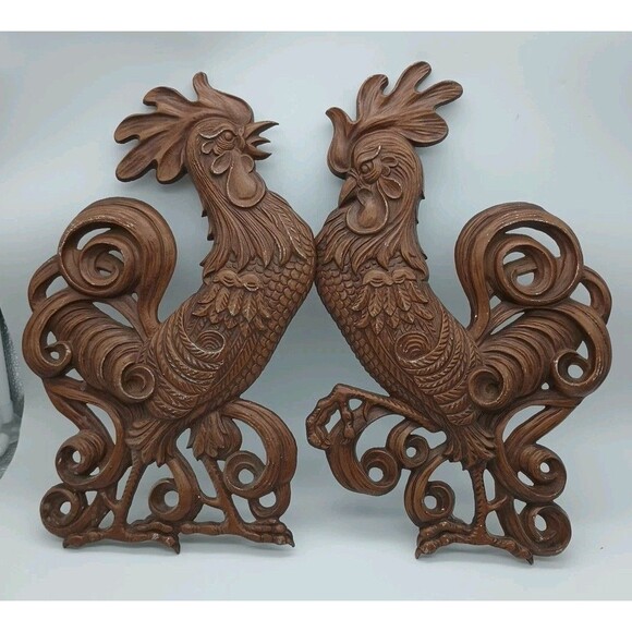 Other - 2 Vintage Sexton Cast Metal Roosters 14” X  8” Wall Plaques USA Country Chickens